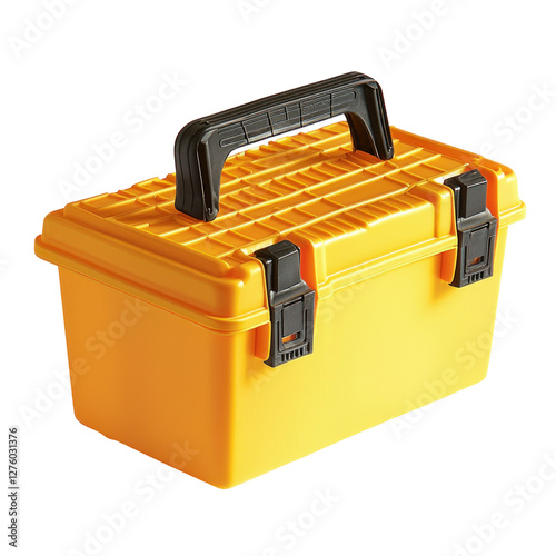 Bright yellow toolbox with black handle and latches isolated on png transparent background, cut out