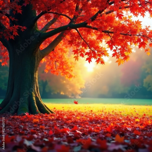 Red leaves on the ground beneath a towering maple, tree, autumn photo