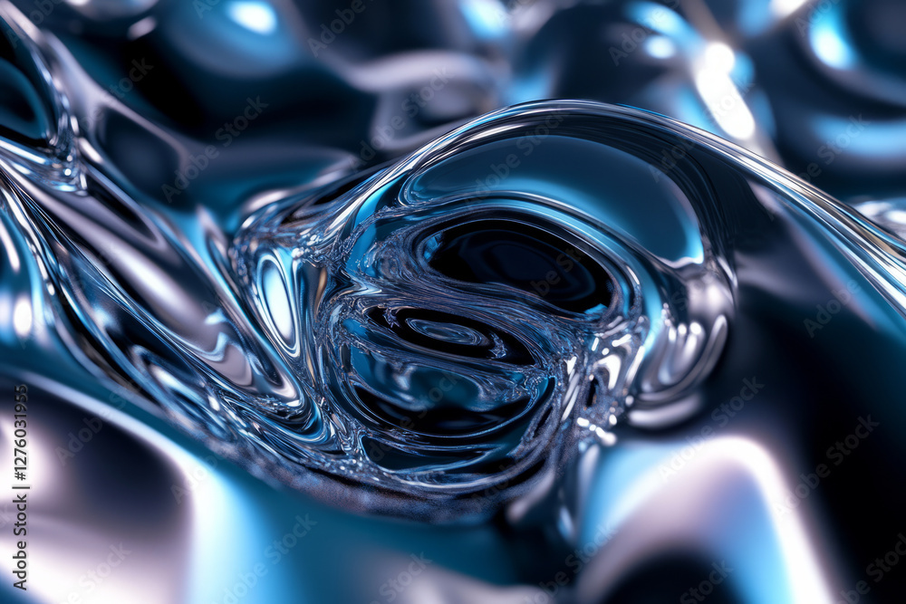 A liquid surrealist background with morphing metallic blobs, reflective surfaces, and an eerie, floating effect. Dreamlike and futuristic.