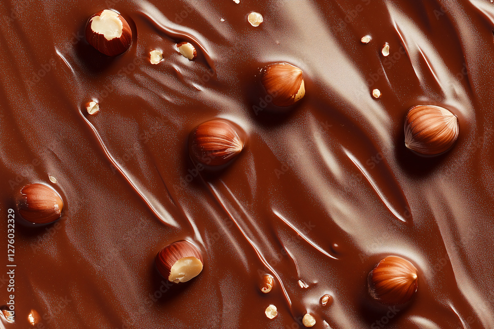 Fototapeta premium Chocolate Hazelnut Delight: An overhead shot captures a decadent swirl of rich, glossy melted chocolate, studded with plump, roasted hazelnuts and a scattering of coarse sea salt.