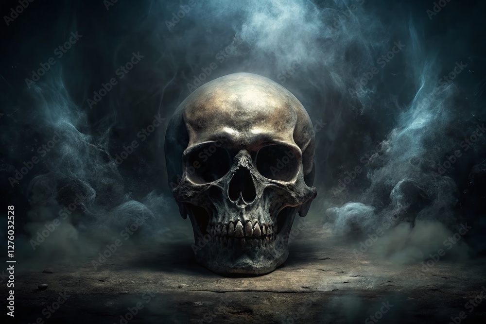 Abstract Black Horror Background: Ghost Skull, Left-Positioned with Copy Space Abstract Black Horror Background: Ghost Skull, Left-Positioned with Copy Space