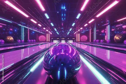 Purple neon bowling alley at night, with colorful glowing balls lined up on polished lanes, creating a striking and vibrant atmosphere