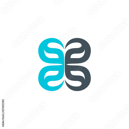 A visually dynamic logo composed of interlocking, organic forms in shades of blue and gray.