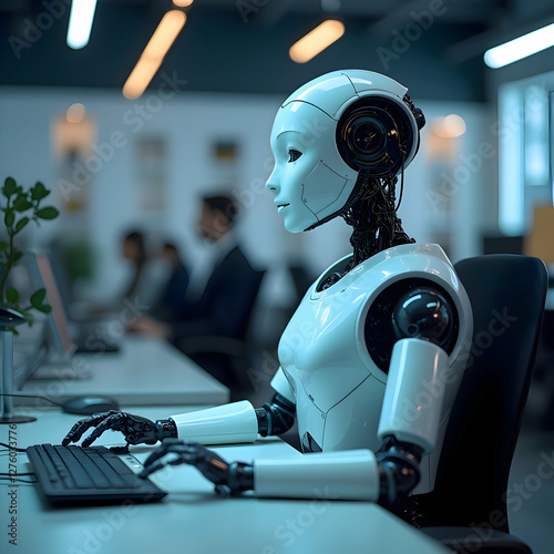 “AI-Powered Business” – A robot working in an office (Futuristic, Tech-Style) photo