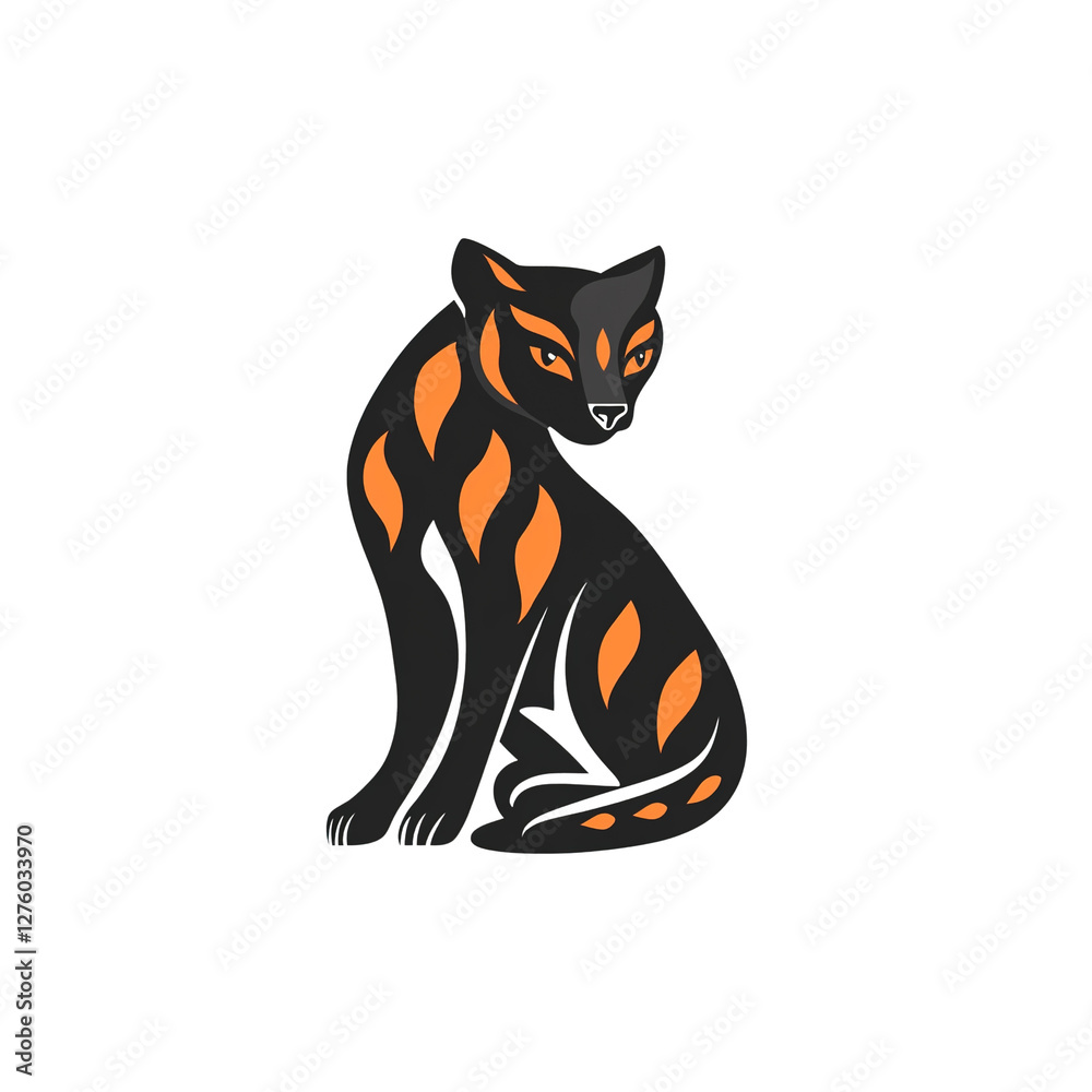 Stylized Black Cat with Orange Markings, Sitting Position Stylized Black Cat with Orange Markings, Sitting Position