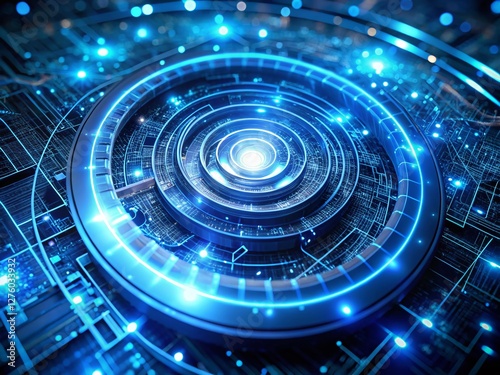 Abstract Blue Spiral Light Circuitry Aerial Photography - Dark Background Stock Photo