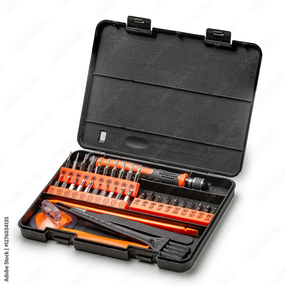Set of magnetic precision screwdriver bits with black and orange handle in a black case on white background Set of magnetic precision screwdriver bits with black and orange handle in a black case on white background
