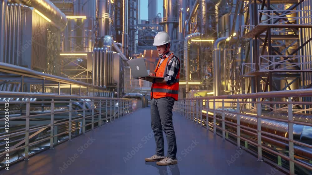 Full Body Side View Of Asian Male Engineer With Safety Helmet Working On A Laptop While Standing At A Vast Oil Refinery Full Body Side View Of Asian Male Engineer With Safety Helmet Working On A Laptop While Standing At A Vast Oil Refinery