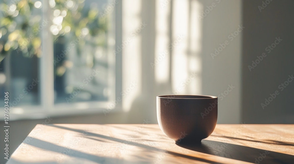 Ceramic cup on wooden table with morning sunlight Ceramic cup on wooden table with morning sunlight