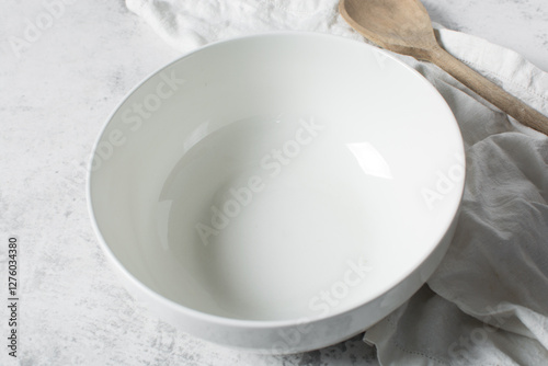 Top view of a white ceramic mixing bowl, Flat lay of ceramic batter bowl photo