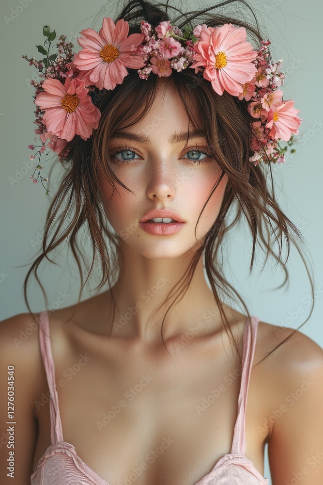 Naklejka premium Young woman wearing a floral crown with pink flowers, posing against a light background, showcasing natural beauty and elegance
