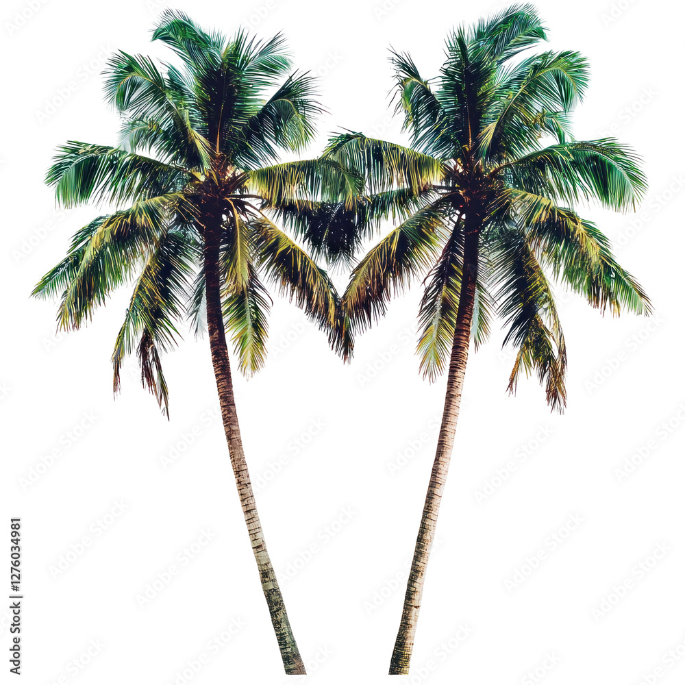 Fototapeta premium Two palm trees swaying isolated on png transparent background, cut out