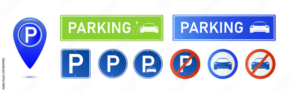 Car parking eco electric icon set. Parking and traffic signs isolated on white background. Map parking pointer. Vector Car parking eco electric icon set. Parking and traffic signs isolated on white background. Map parking pointer. Vector