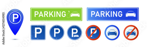 Car parking eco electric icon set. Parking and traffic signs isolated on white background. Map parking pointer. Vector