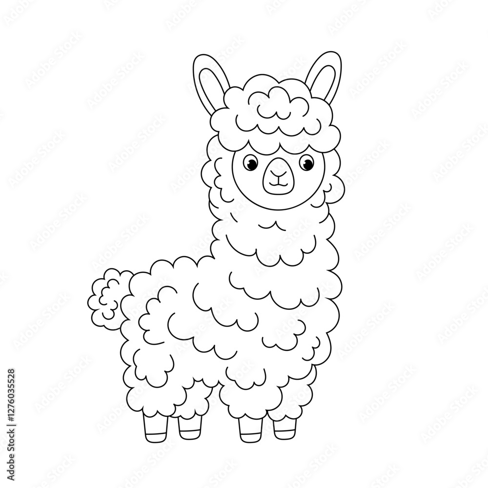 Cute doodle llama. Fluffy alpaca. Domestic animal. Kids contoured illustration funny llama. Colouring book. 