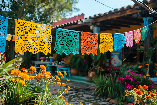 cultural celebration, in the backyard, colorful fiesta flags flutter as guests delight in a game of lotera, adding joy to their cinco de mayo celebration photo