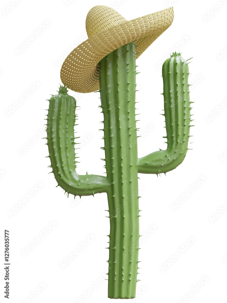 Naklejka premium Mexican sombrero on a desert cactus saguaro isolated on white, transparent