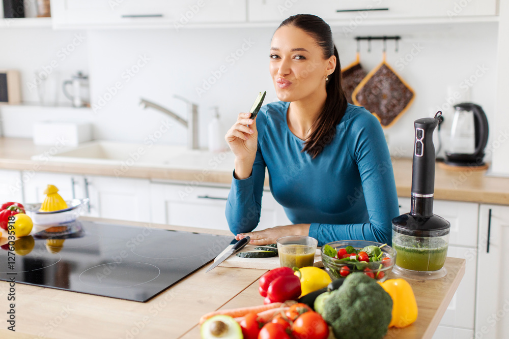 Positive lady in sportswear biting slice of cucumber while sitting in kitchen interior and preparing lunch after domestic workout, free space Positive lady in sportswear biting slice of cucumber while sitting in kitchen interior and preparing lunch after domestic workout, free space