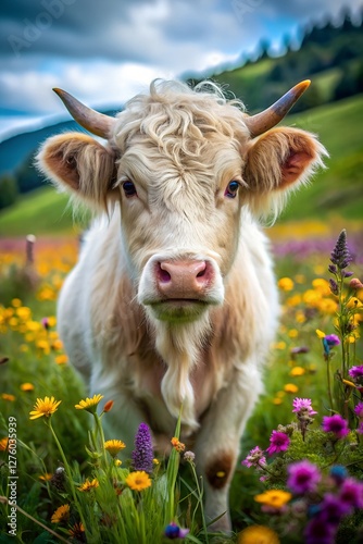 Whimsical Dwarf Cow with a Fluffy Coat and Soulful Eyes Grazing in a Field of Vibrant Wildflowers, Capturing a Dreamy Rural Scene