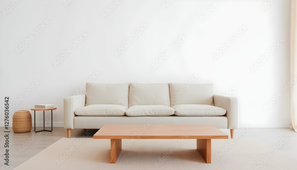 Bright and inviting living room with a neutral sofa, coffee table, and minimalist decor Bright and inviting living room with a neutral sofa, coffee table, and minimalist decor