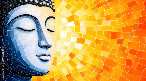 Serene Buddha Mosaic - Peaceful mosaic artwork depicting the face of Buddha against a vibrant sunburst background. Perfect for meditation, mindfulness, or spiritual themes photo