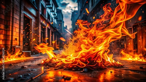 Abstract Fiery Orange and Red Flames Background for Design, Urban Exploration Photography Style