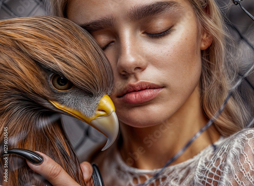 Close-up of a woman with a majestic golden eagle resting its head on her shoulder.