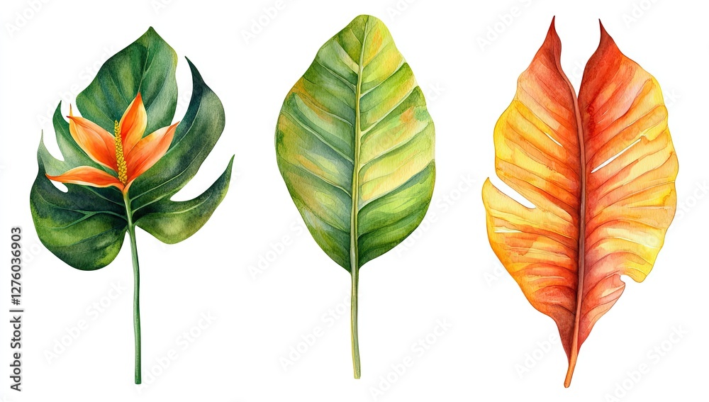 Obraz premium Watercolor tropical leaves and flower, isolated on white