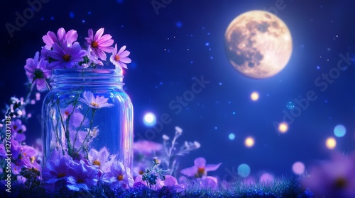 Moonlit Night Flowers in a Jar - Purple flowers in a glass jar under a full moon and starry night sky. Peaceful, serene, magical scene photo