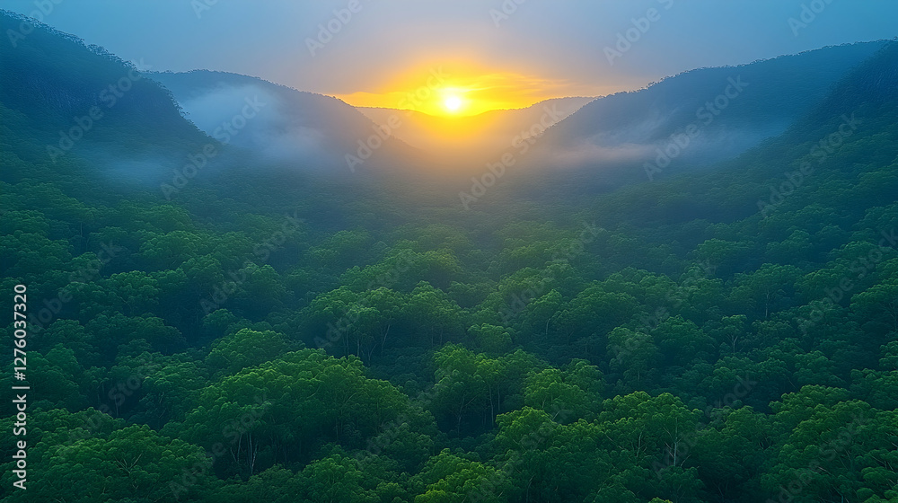 Fototapeta premium Sunrise over misty mountain valley forest. Peaceful nature scene, ideal for travel or environmental themes