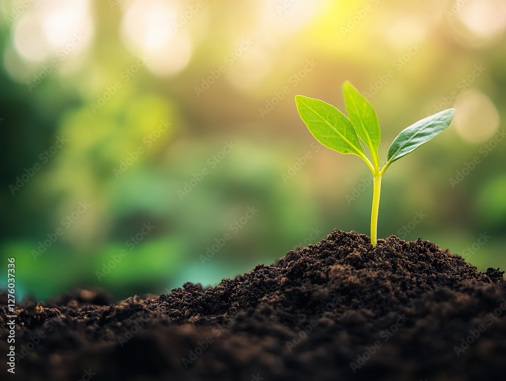 Young seedling sprouting from brown soil on a blurred green background, symbolizing new life and growth in challenging environments. Young seedling sprouting from brown soil on a blurred green background, symbolizing new life and growth in challenging environments.