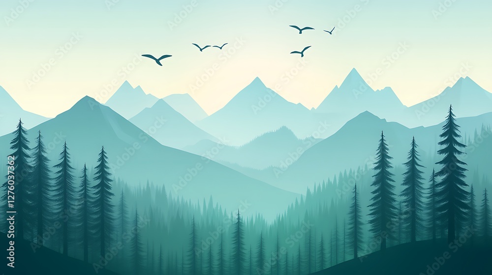 Obraz premium Serene Mountain Landscape With Birds Flying Over Coniferous Forest