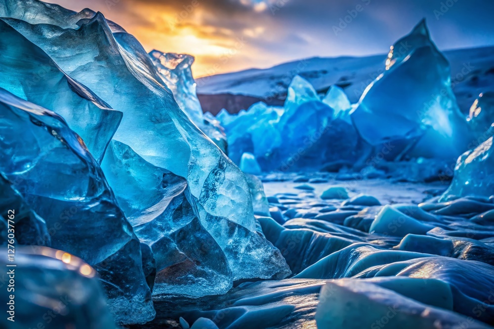 Obraz premium Abstract Glacial Ice Texture: Close-Up of Frozen Formations in Low Light