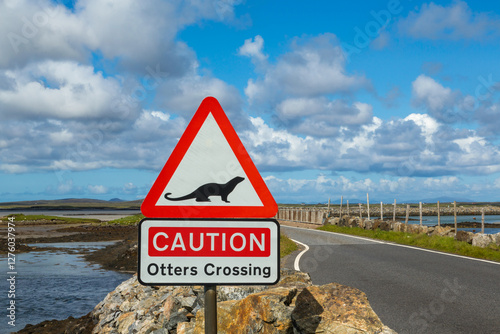 Warning sign of otters crossing the road, North Uist, Outer Hebrides, Scotland, UK