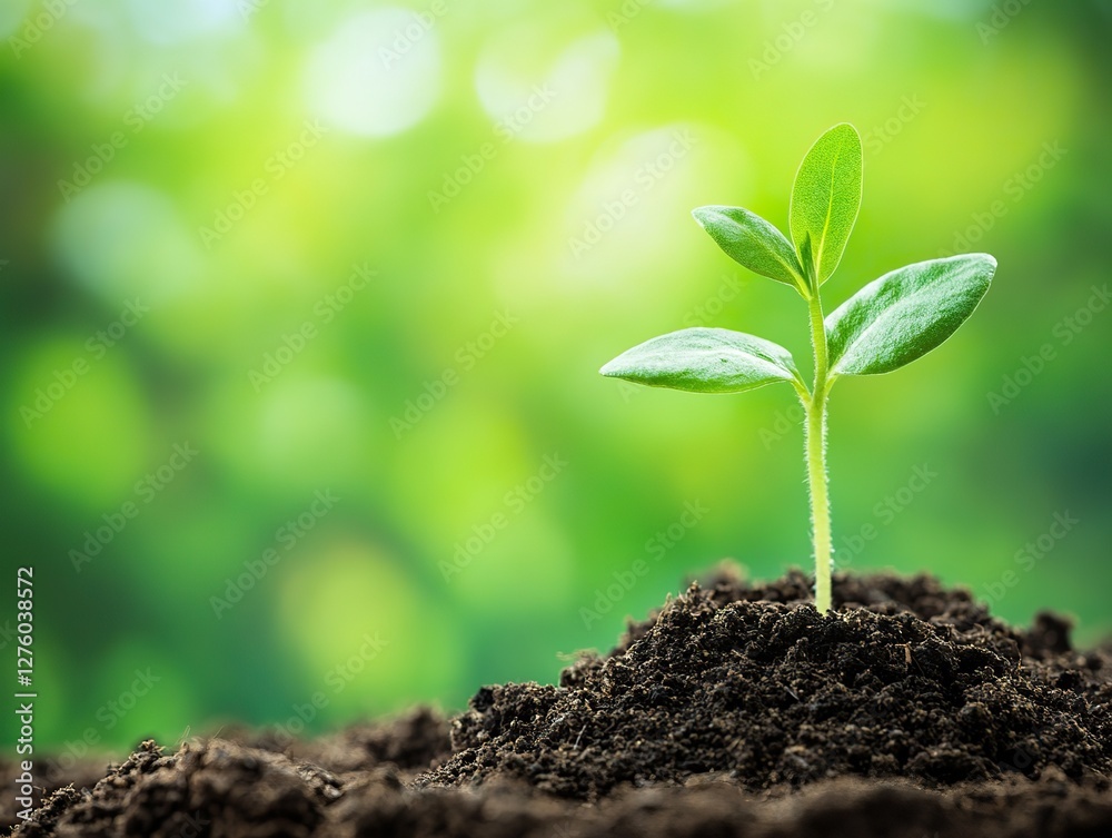 Young seedling sprouting from brown soil on a blurred green background, symbolizing new life and growth in challenging environments. Young seedling sprouting from brown soil on a blurred green background, symbolizing new life and growth in challenging environments.