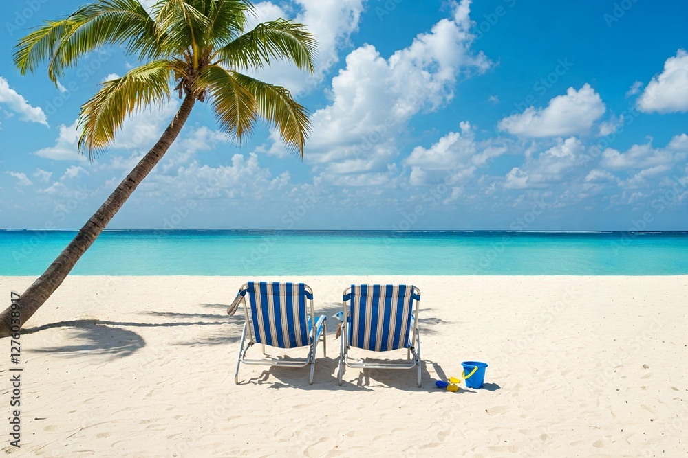 Two blue and white striped beach chairs on a sandy shore, with a palm tree and turquoise ocean under a sunny, cloudy sky. Two blue and white striped beach chairs on a sandy shore, with a palm tree and turquoise ocean under a sunny, cloudy sky.