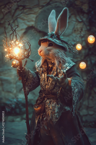 A fantasy-inspired Easter Bunny dressed as a wizard, using a magical staff to summon glowing Easter eggs that float in the air.