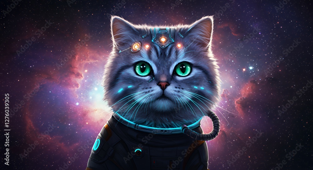 Astronaut Cat Portrait in Space with Futuristic Suit and Galaxy Background