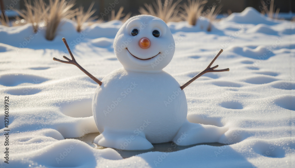Snowman melting in sunlight, forming puddles and drooping features Snowman melting in sunlight, forming puddles and drooping features