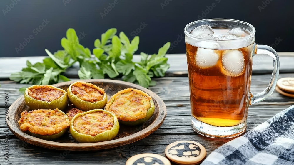 Fried Green Tomatoes concept. Delicious snacks on a wooden table paired with a refreshing iced tea. Fried Green Tomatoes concept. Delicious snacks on a wooden table paired with a refreshing iced tea.