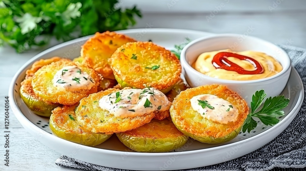 Fried Green Tomatoes concept. Fried green tomatoes served with sauces on a plate, garnished with parsley. Fried Green Tomatoes concept. Fried green tomatoes served with sauces on a plate, garnished with parsley.