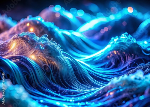 Abstract Neon Blue Waves: Dynamic Digital System Macro Photography
