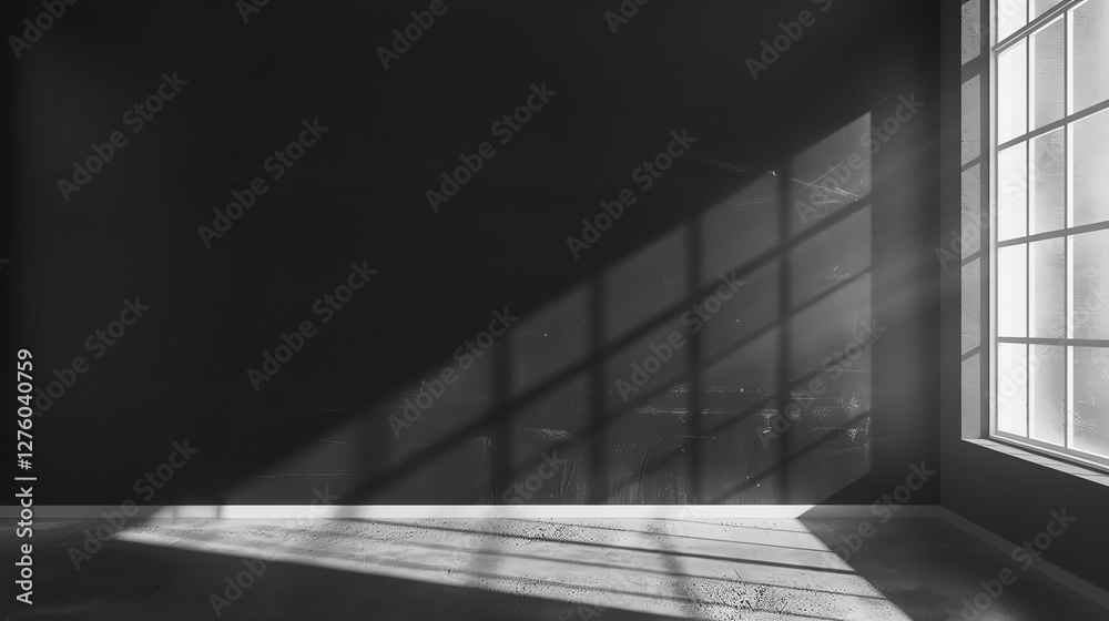 Obraz premium A black and white image of an empty room with a large window that is casting light onto the floor.