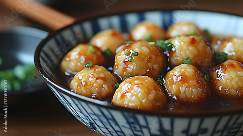 Sweet rice balls in savory sauce, close-up shot, wooden background, Asian cuisine, food photography