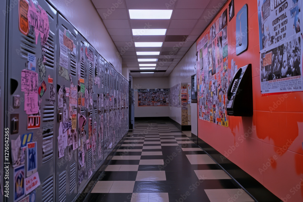 A 90s high school hallway with metal lockers covered in stickers, a checkered tile floor, motivational posters, and a payphone mounted on the wall.