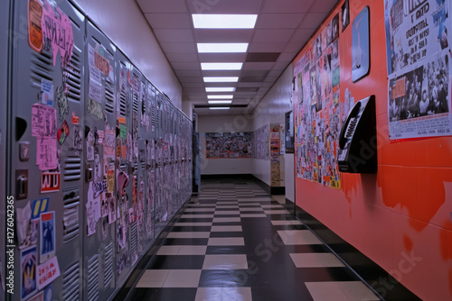 Obraz na płótnie A 90s high school hallway with metal lockers covered in stickers, a checkered tile floor, motivational posters, and a payphone mounted on the wall. w salonie