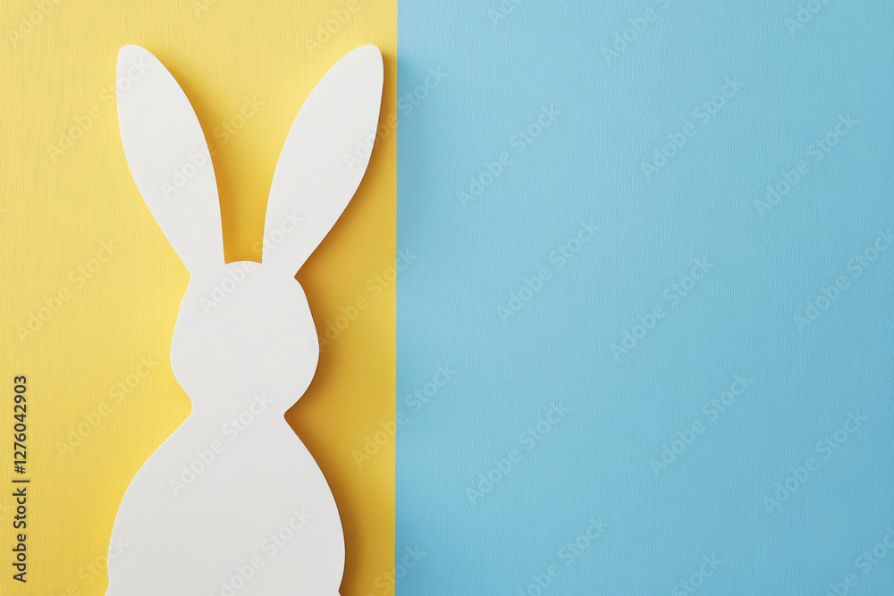 Obraz premium A minimalistic white bunny silhouette with subtle gold details, standing against a textured sunny yellow and chambray blue gradient background.