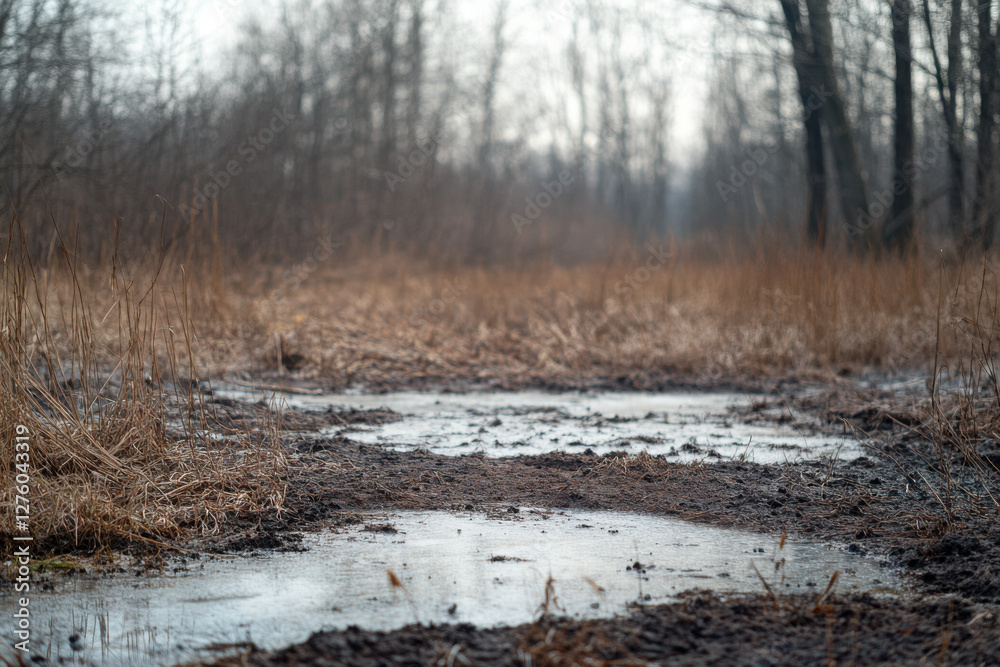 Bare ground emerging from melting snow with signs of spring Bare ground emerging from melting snow with signs of spring