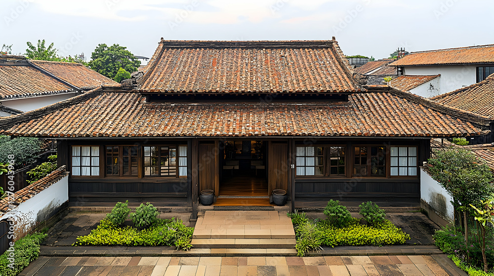 Traditional Chinese house, courtyard garden, residential area, serene background, architectural photography Traditional Chinese house, courtyard garden, residential area, serene background, architectural photography
