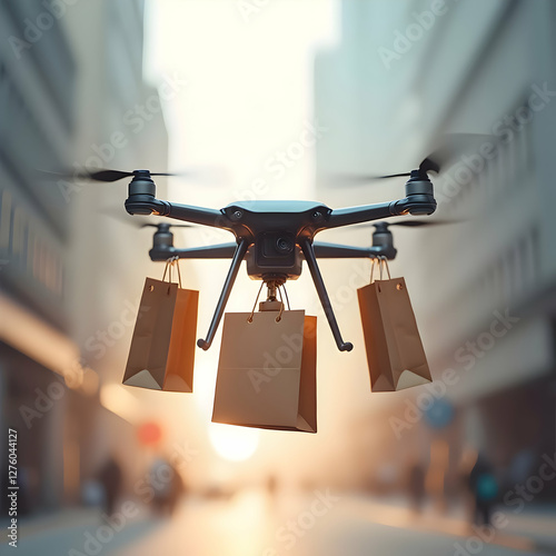 “The Future of E-Commerce” – A drone delivering shopping bags (Minimalist, Modern UI Style) photo